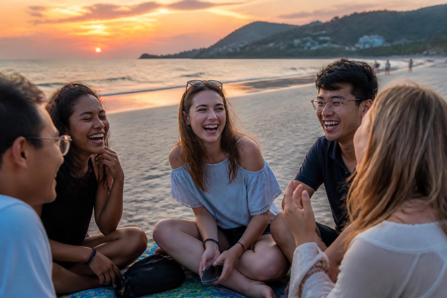 International students laughing together on a Phuket beach at sunset