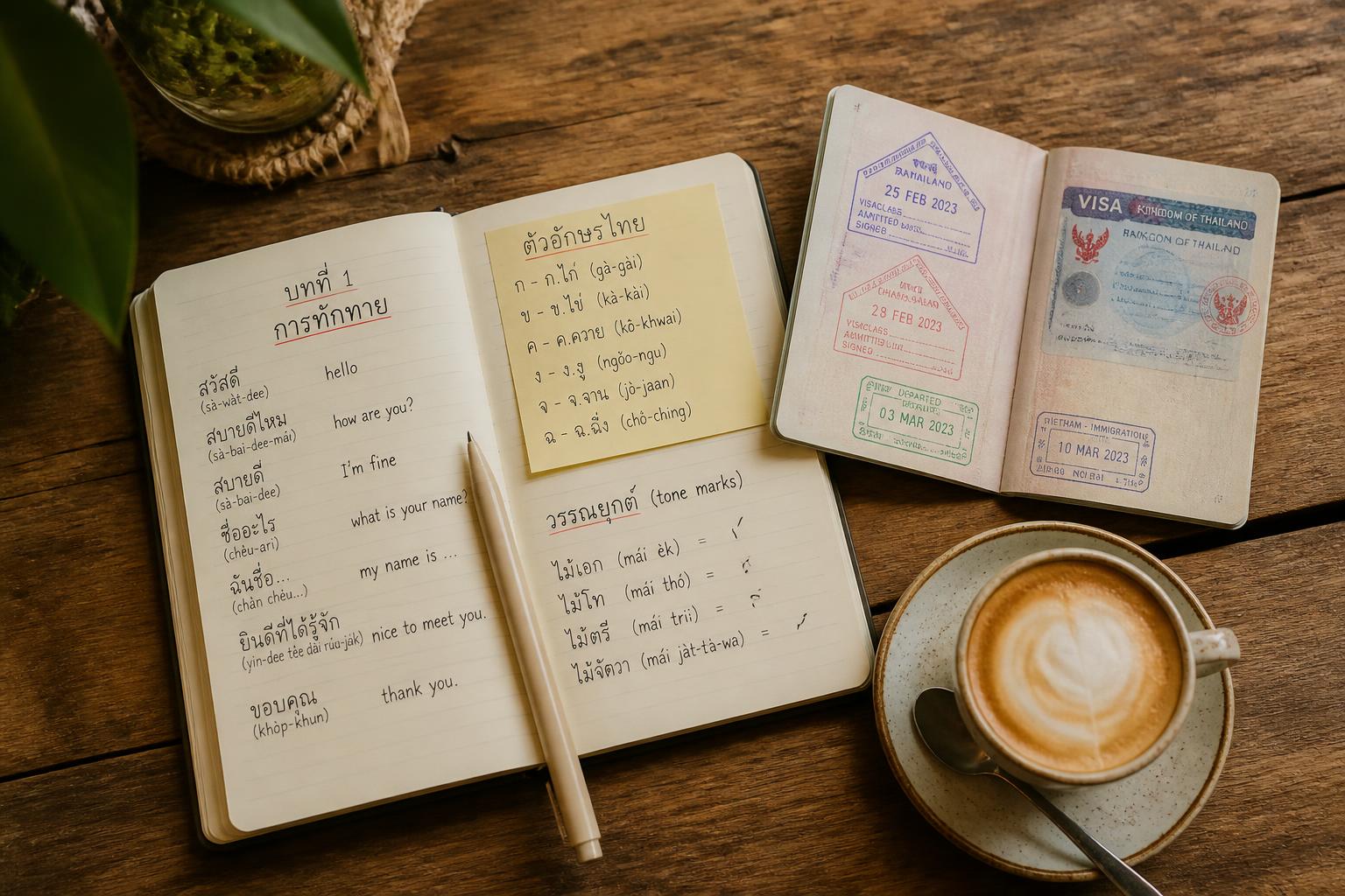A Thai language notebook beside a passport with Thai visa stamps